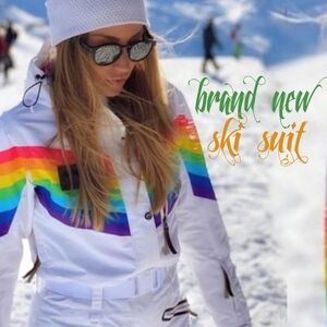 NWT OOSC Unisex Ski Suite White Rainbow 10K Waterproof Insulated Winter Skis